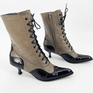 Miu Miu Vintage Black Gray Victorian Wingtip Pointed Toe Heeled Boots IT 36.5